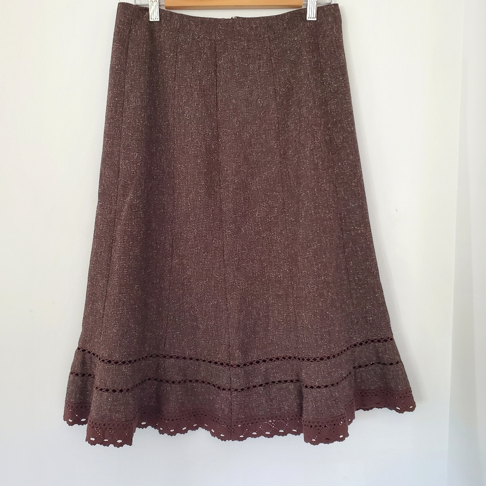 EAST 5TH 8 Brown Tweed Crochet Lace Accent A-Line 28" Skirt Office Casual Vtg 90